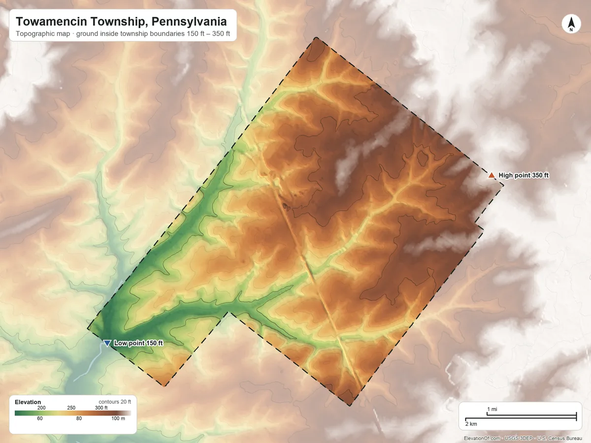 Topographic elevation map of Towamencin Township, Pennsylvania, shaded from 150 ft on the southwest side to 350 ft on the east side