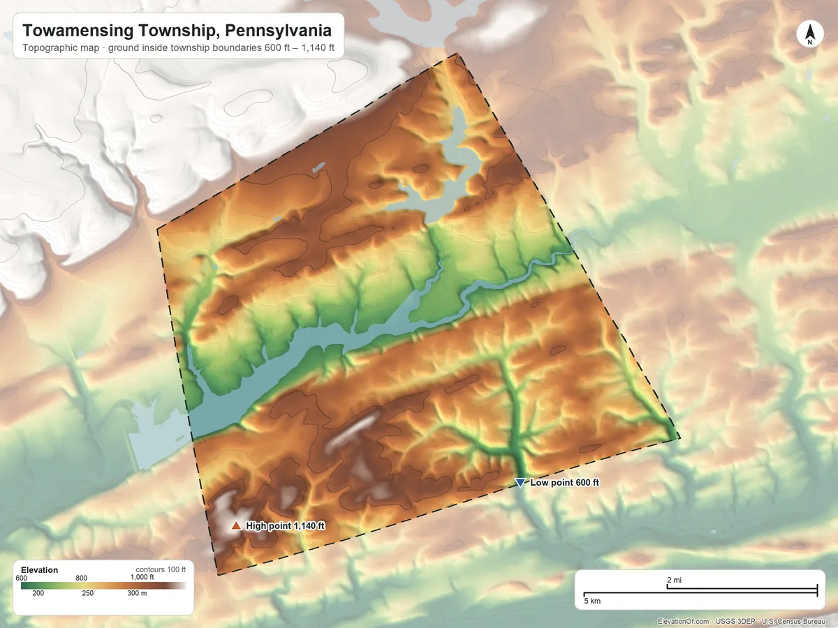 Topographic elevation map of Towamensing Township, Pennsylvania, shaded from 600 ft on the southeast side to 1,140 ft on the southwest side