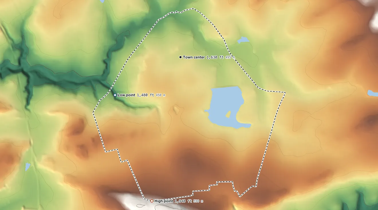 Topographic elevation map of Towamensing Trails, Pennsylvania, shaded from 1,480 ft on the southwest side to 1,940 ft on the south side