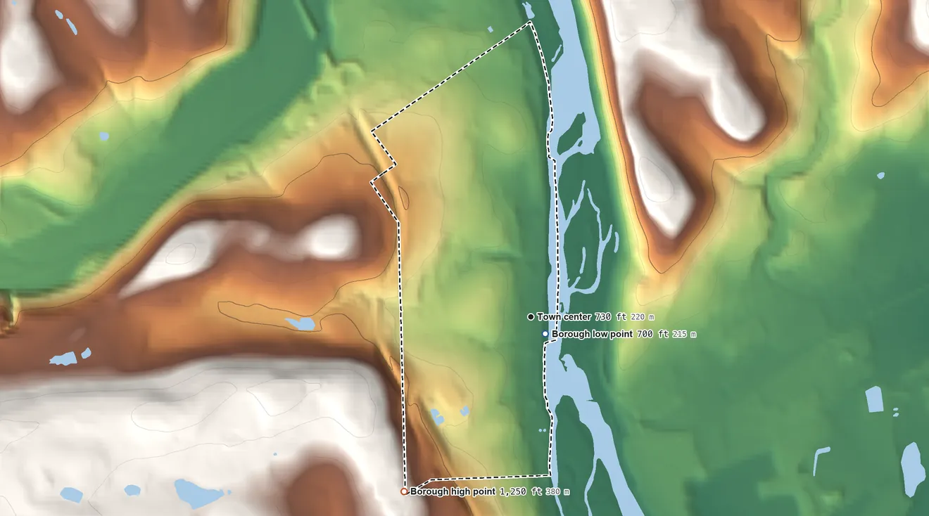 Topographic elevation map of Towanda, Pennsylvania, shaded from 700 ft near the middle to 1,250 ft on the southwest side