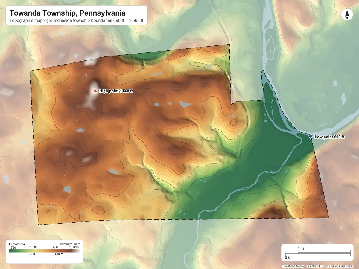 Topographic elevation map of Towanda Township, Pennsylvania, shaded from 690 ft on the east side to 1,568 ft on Jennings Hill
