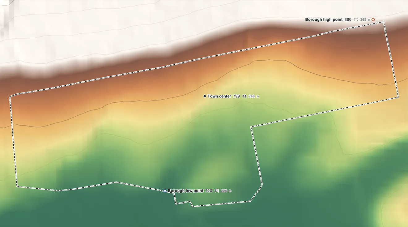 Topographic elevation map of Tower City, Pennsylvania, shaded from 720 ft on the southwest side to 880 ft at the foot of the Bunker Hills