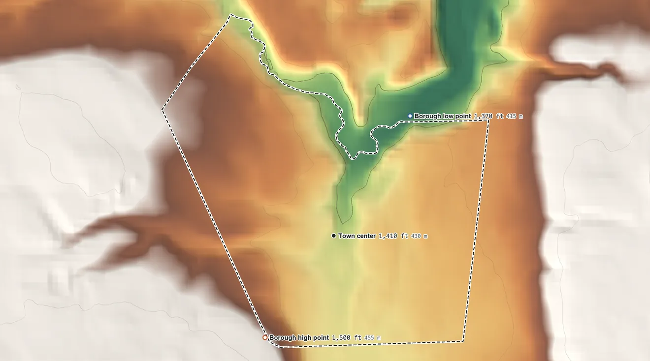 Topographic elevation map of Townville, Pennsylvania, shaded from 1,370 ft on the northeast side to 1,500 ft on the southwest side