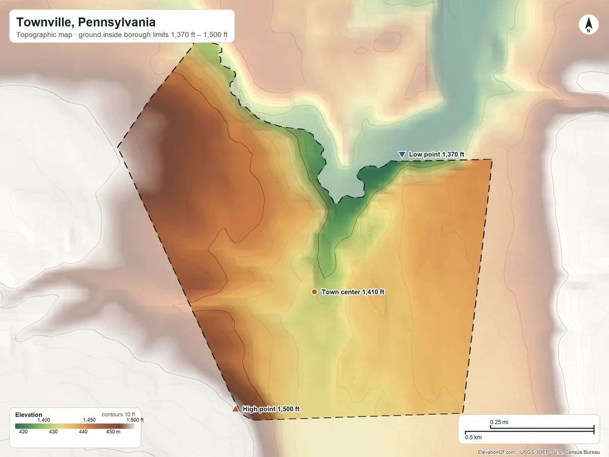 Topographic elevation map of Townville, Pennsylvania, shaded from 1,370 ft on the northeast side to 1,500 ft on the southwest side