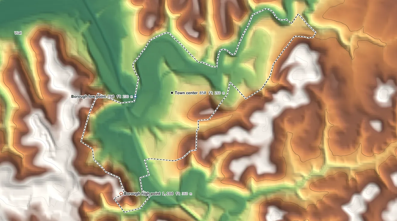 Topographic elevation map of Trafford, Pennsylvania, shaded from 760 ft on the west side to 1,180 ft on the southwest side