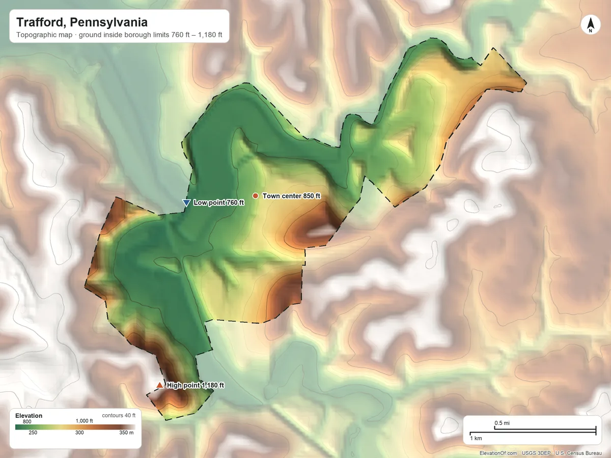 Topographic elevation map of Trafford, Pennsylvania, shaded from 760 ft on the west side to 1,180 ft on the southwest side