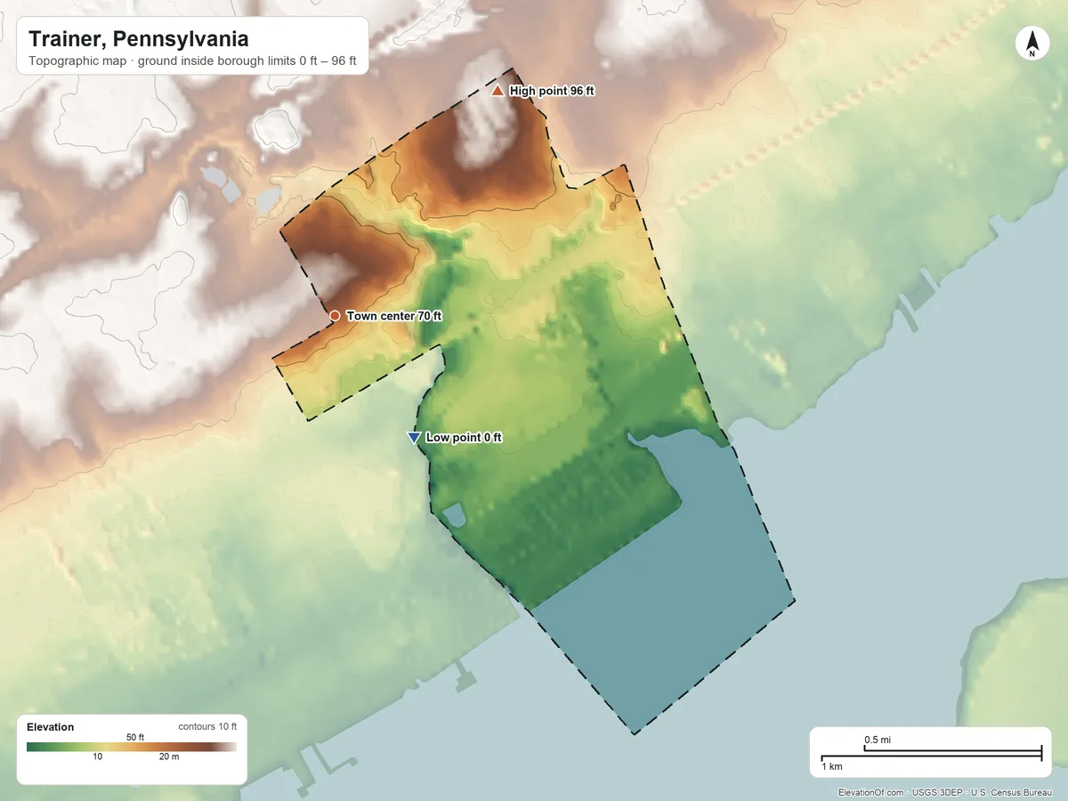 Topographic elevation map of Trainer, Pennsylvania, shaded from 0 ft on the southeast side to 96 ft on the northeast side