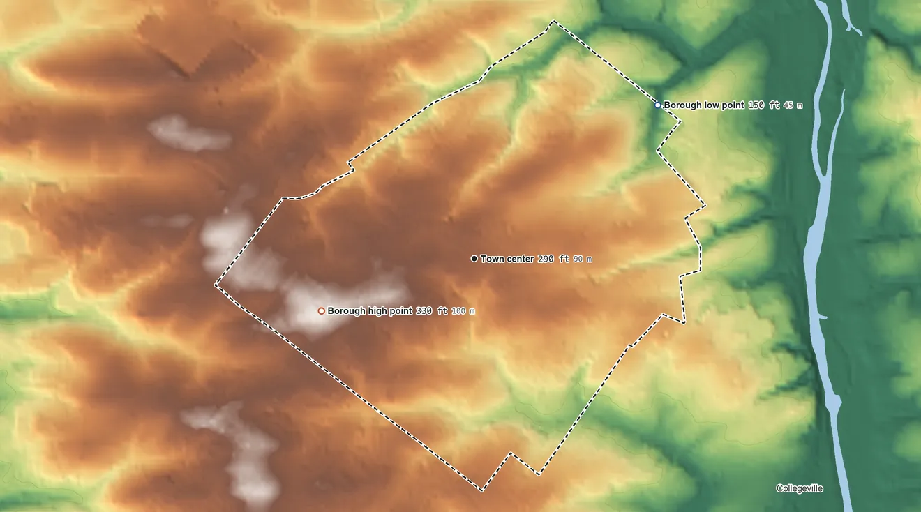 Topographic elevation map of Trappe, Pennsylvania, shaded from 150 ft on the northeast side to 330 ft on the west side