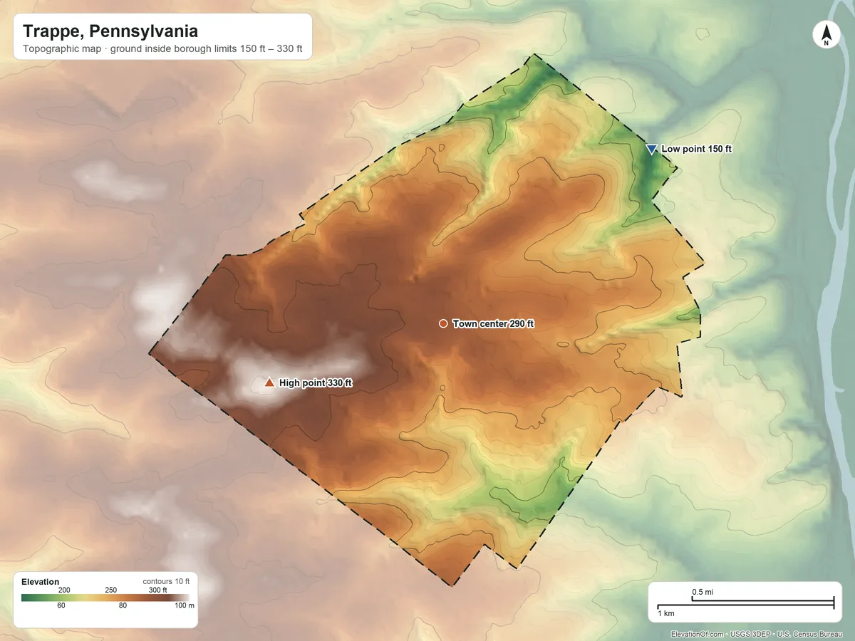 Topographic elevation map of Trappe, Pennsylvania, shaded from 150 ft on the northeast side to 330 ft on the west side