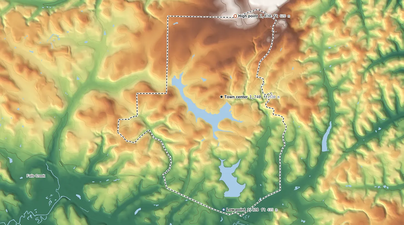 Topographic elevation map of Treasure Lake, Pennsylvania, shaded from 1,420 ft on the south side to 2,030 ft on the north side