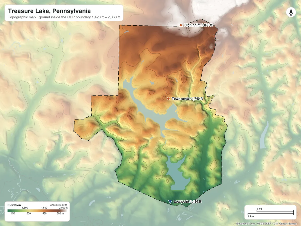 Topographic elevation map of Treasure Lake, Pennsylvania, shaded from 1,420 ft on the south side to 2,030 ft on the north side