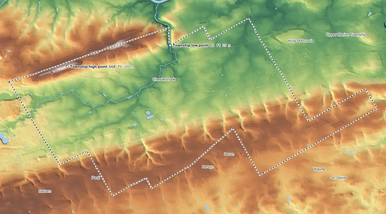 Topographic elevation map of Tredyffrin Township, Pennsylvania, shaded from 92 ft on the north side to 660 ft on Diamond Rock Hill