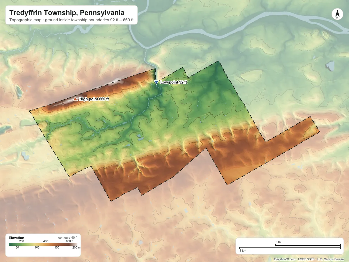 Topographic elevation map of Tredyffrin Township, Pennsylvania, shaded from 92 ft on the north side to 660 ft on Diamond Rock Hill