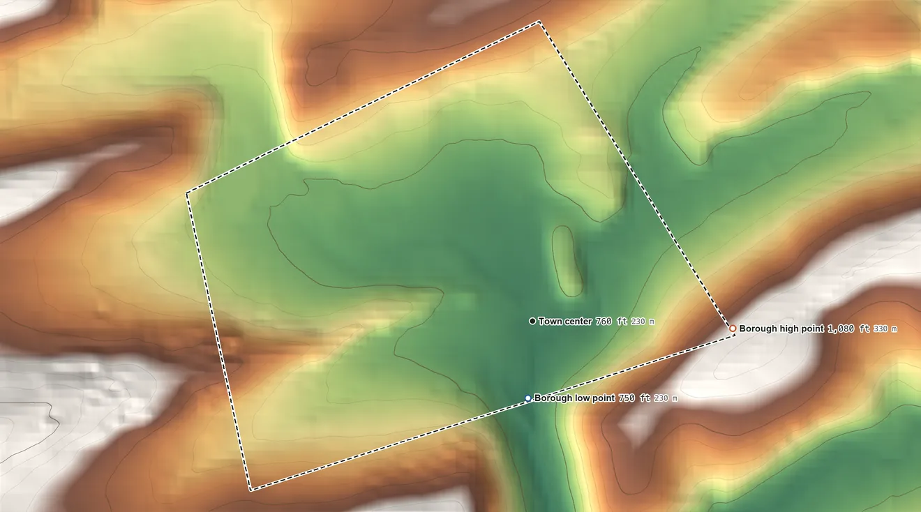 Topographic elevation map of Tremont, Pennsylvania, shaded from 750 ft on the south side to 1,080 ft on the east edge, below higher ground just outside