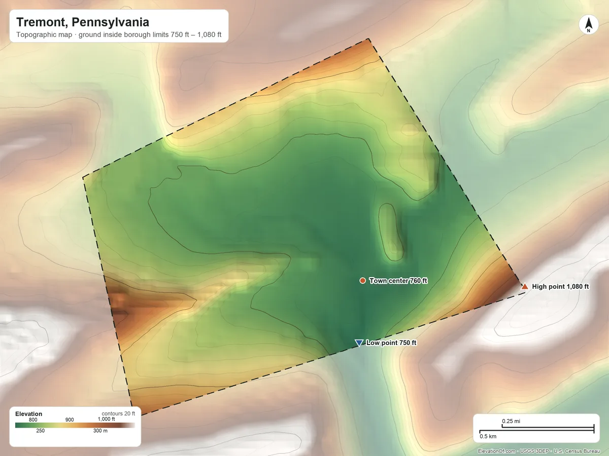 Topographic elevation map of Tremont, Pennsylvania, shaded from 750 ft on the south side to 1,080 ft on the east edge, below higher ground just outside