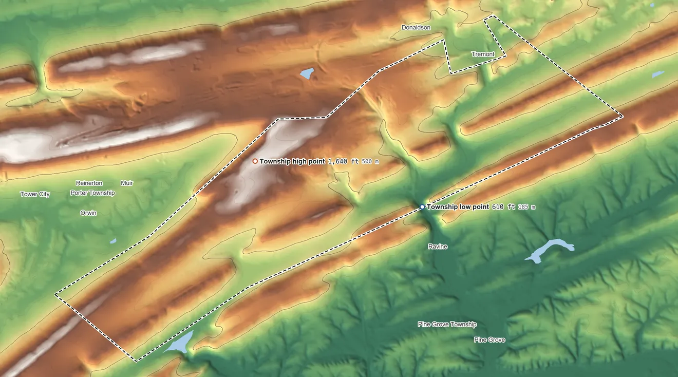 Topographic elevation map of Tremont Township, Pennsylvania, shaded from 610 ft on the southeast side to 1,640 ft on the west side
