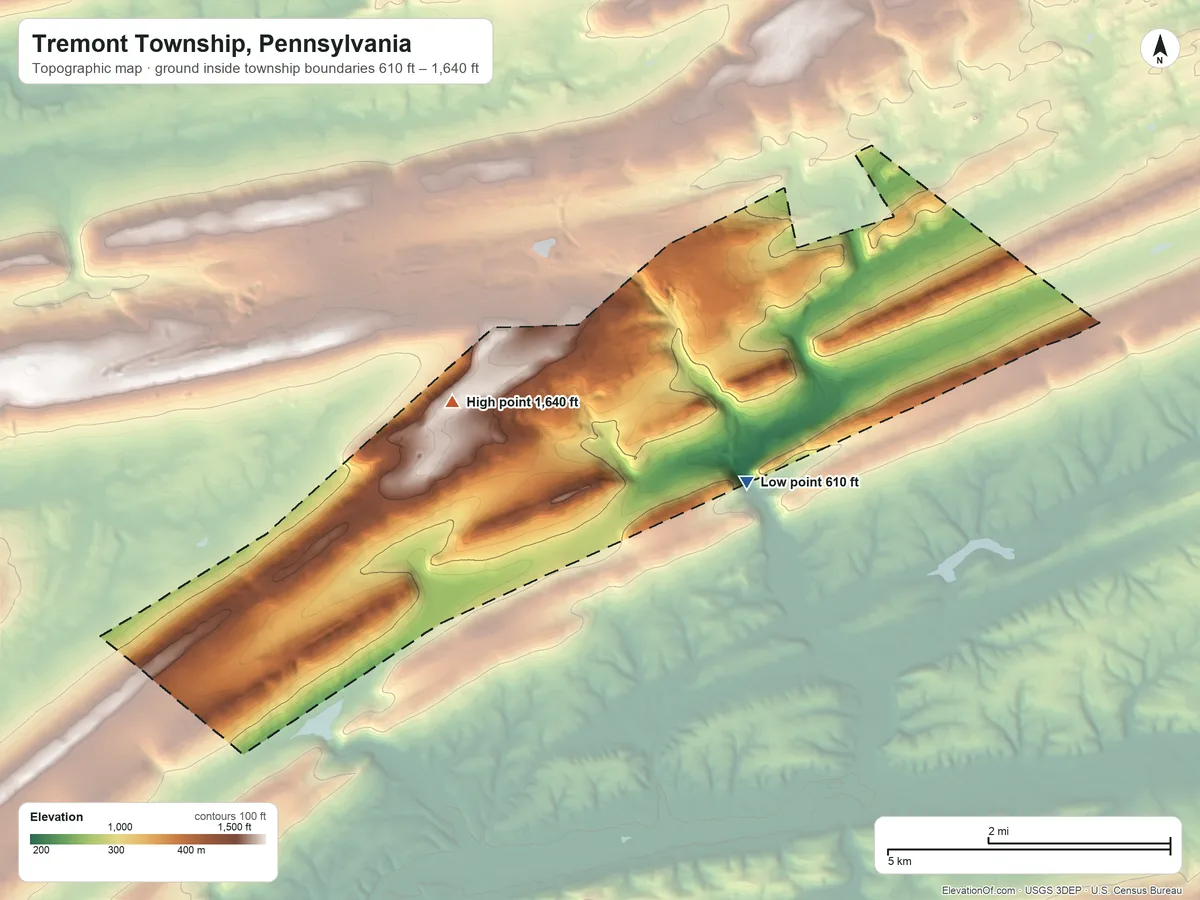 Topographic elevation map of Tremont Township, Pennsylvania, shaded from 610 ft on the southeast side to 1,640 ft on the west side