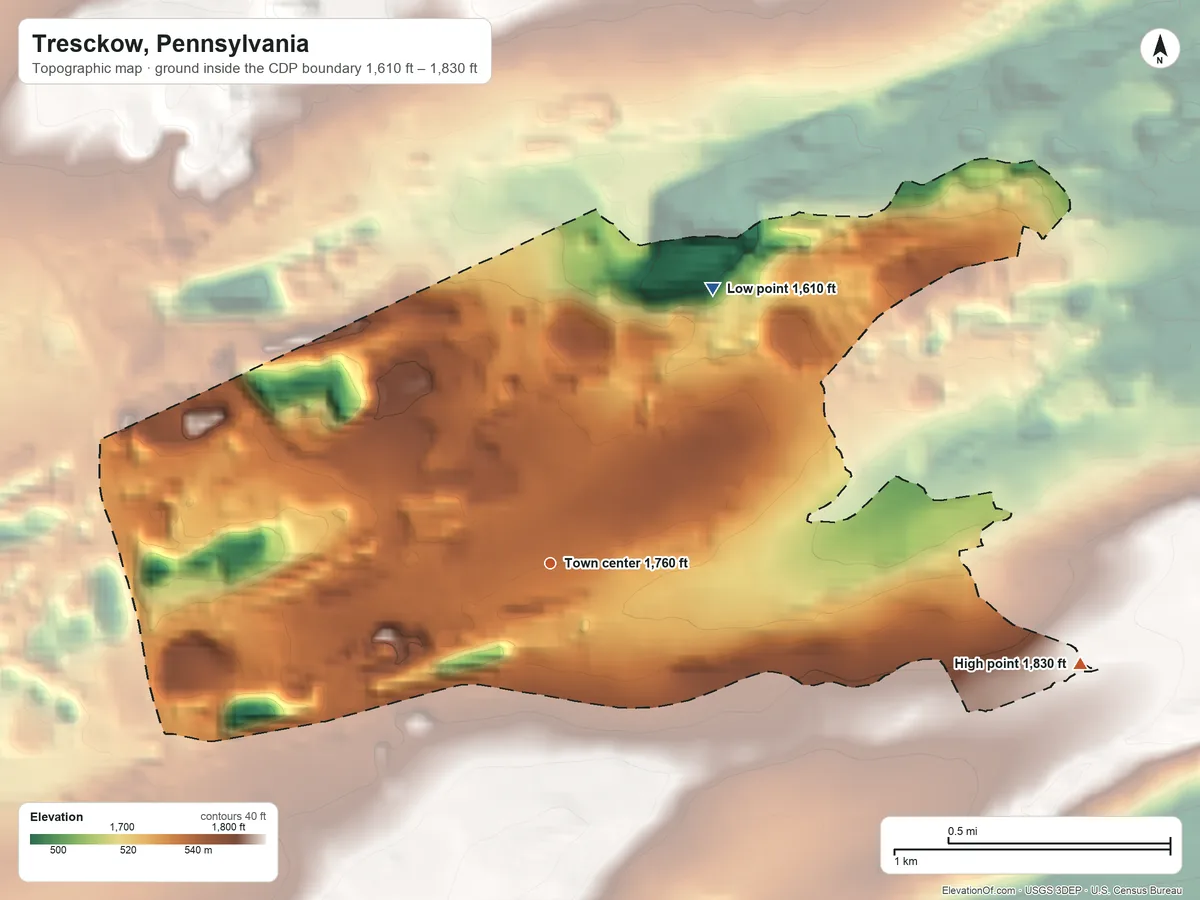 Topographic elevation map of Tresckow, Pennsylvania, shaded from 1,610 ft on the northeast side to 1,830 ft on the east side