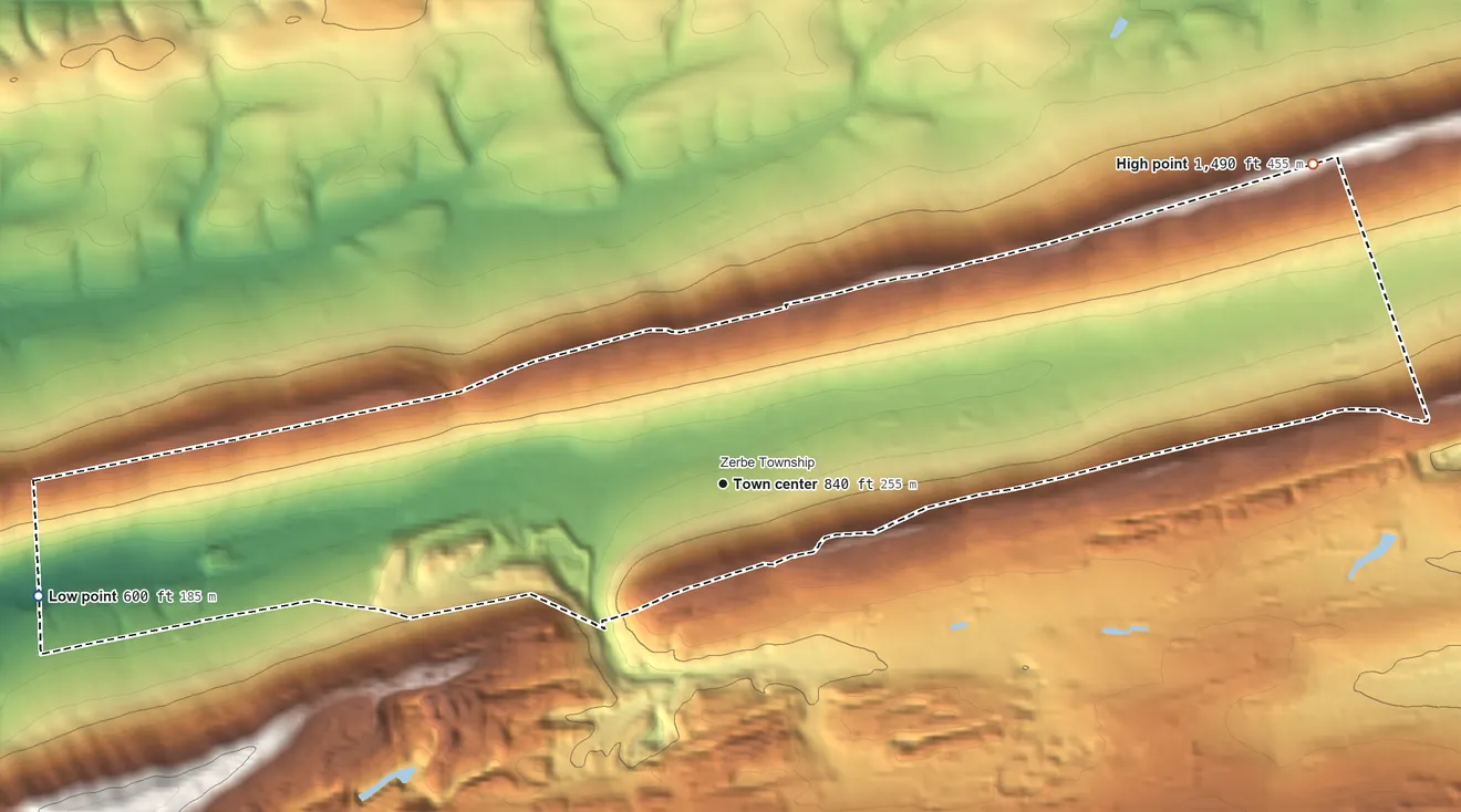 Topographic elevation map of Trevorton, Pennsylvania, shaded from 600 ft on the west side to 1,490 ft on the northeast side