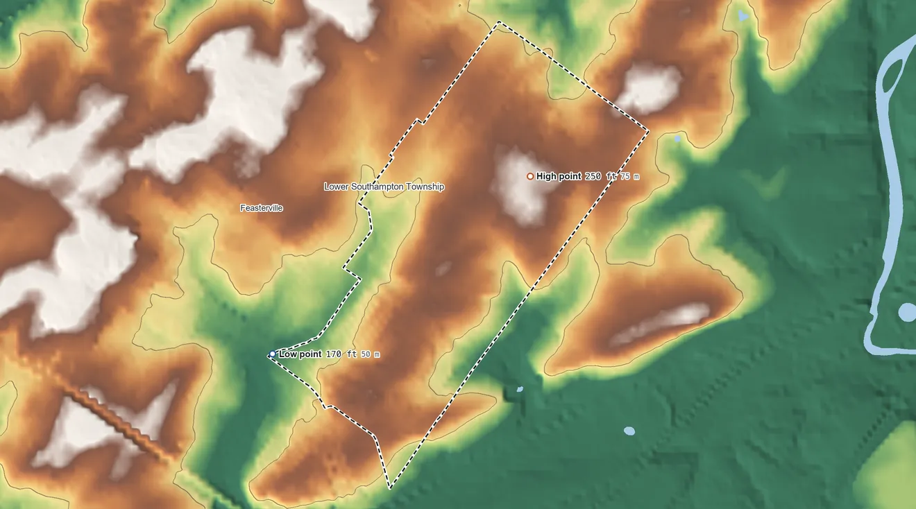 Topographic elevation map of Trevose, Pennsylvania, shaded from 170 ft on the west side to 250 ft on the northeast side