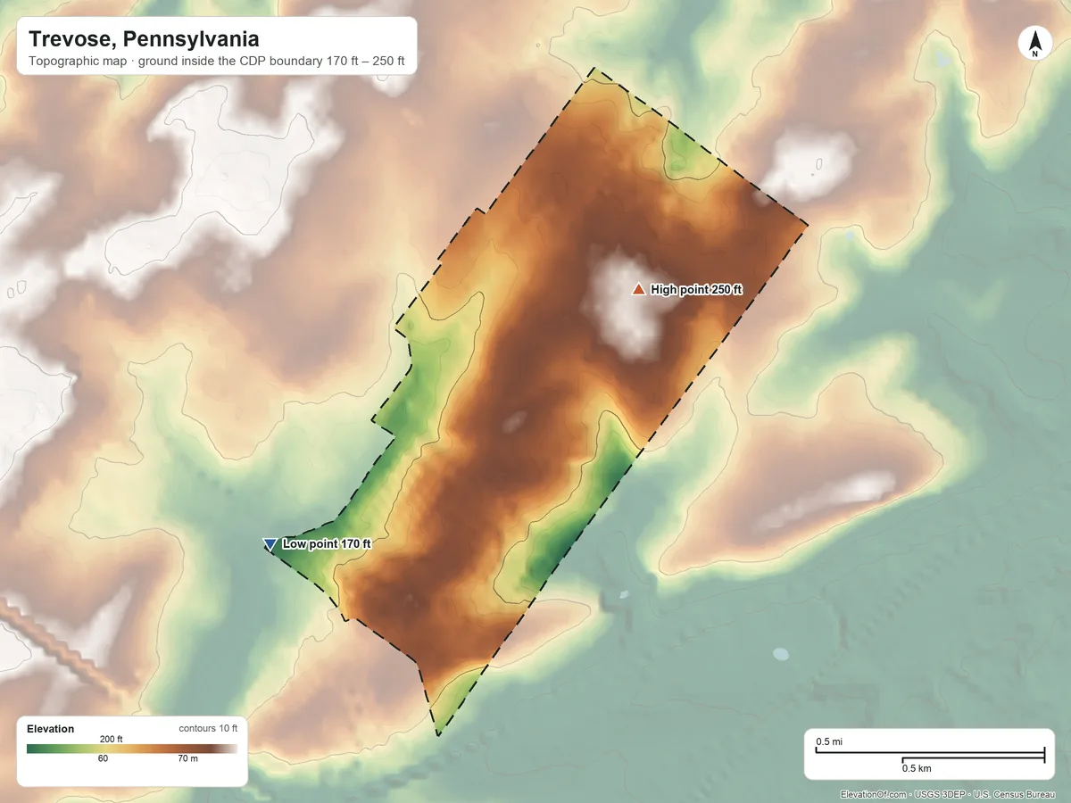 Topographic elevation map of Trevose, Pennsylvania, shaded from 170 ft on the west side to 250 ft on the northeast side