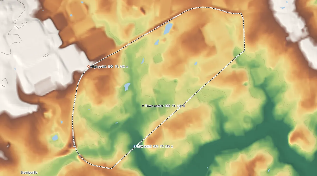 Topographic elevation map of Trexlertown, Pennsylvania, shaded from 370 ft on the south side to 460 ft on the northwest side