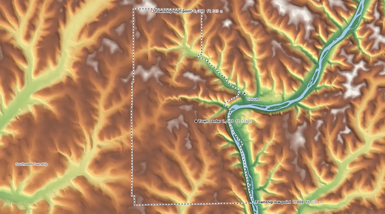 Topographic elevation map of Triumph Township, Pennsylvania, shaded from 1,080 ft on the southeast side to 1,790 ft on the north side