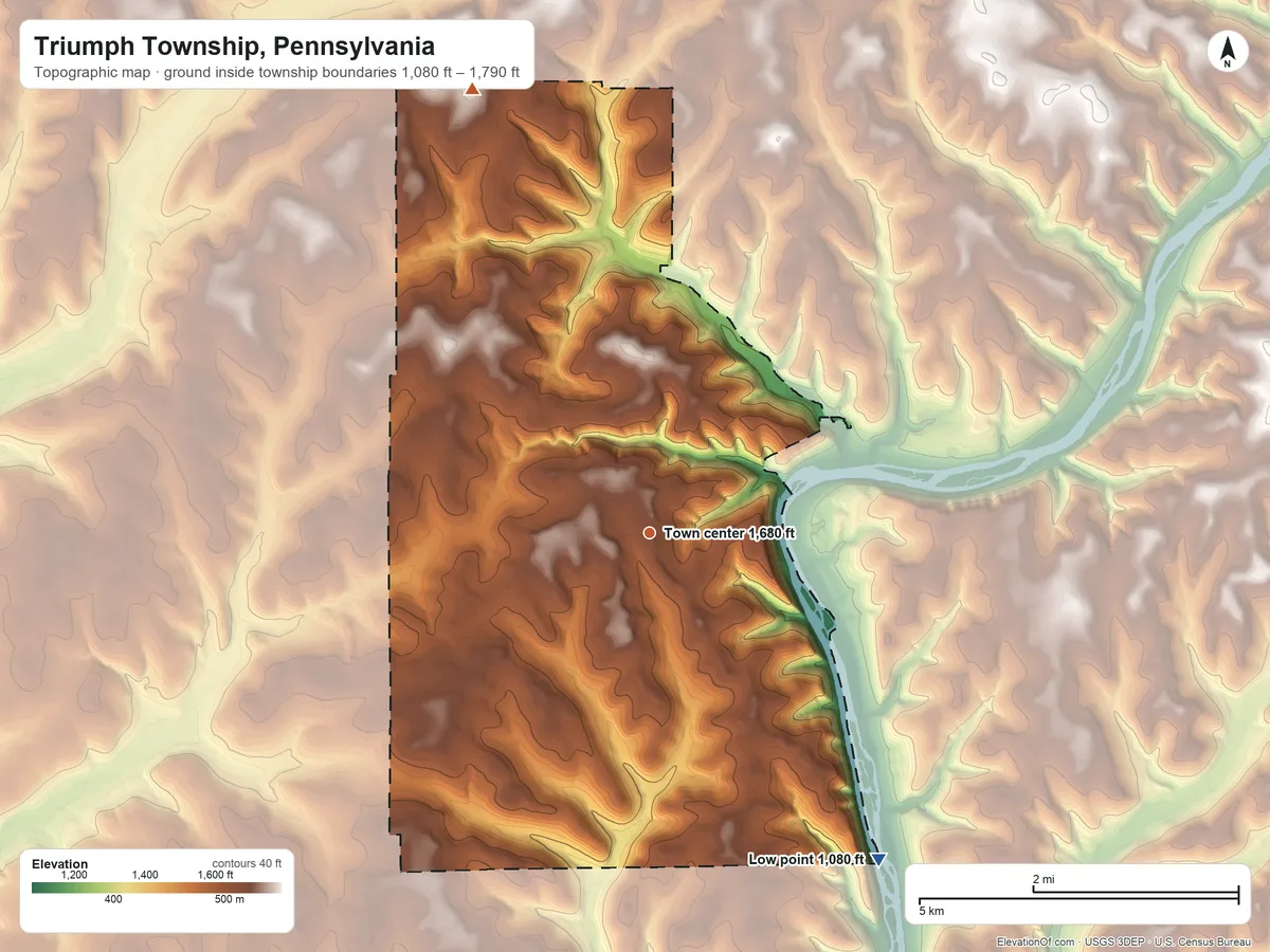 Topographic elevation map of Triumph Township, Pennsylvania, shaded from 1,080 ft on the southeast side to 1,790 ft on the north side