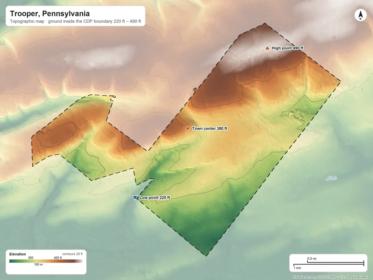 Topographic elevation map of Trooper, Pennsylvania, shaded from 220 ft on the southwest side to 490 ft on the northeast side
