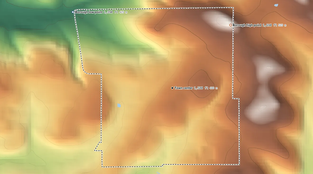 Topographic elevation map of Troutville, Pennsylvania, shaded from 1,390 ft on the northwest side to 1,690 ft on the northeast side