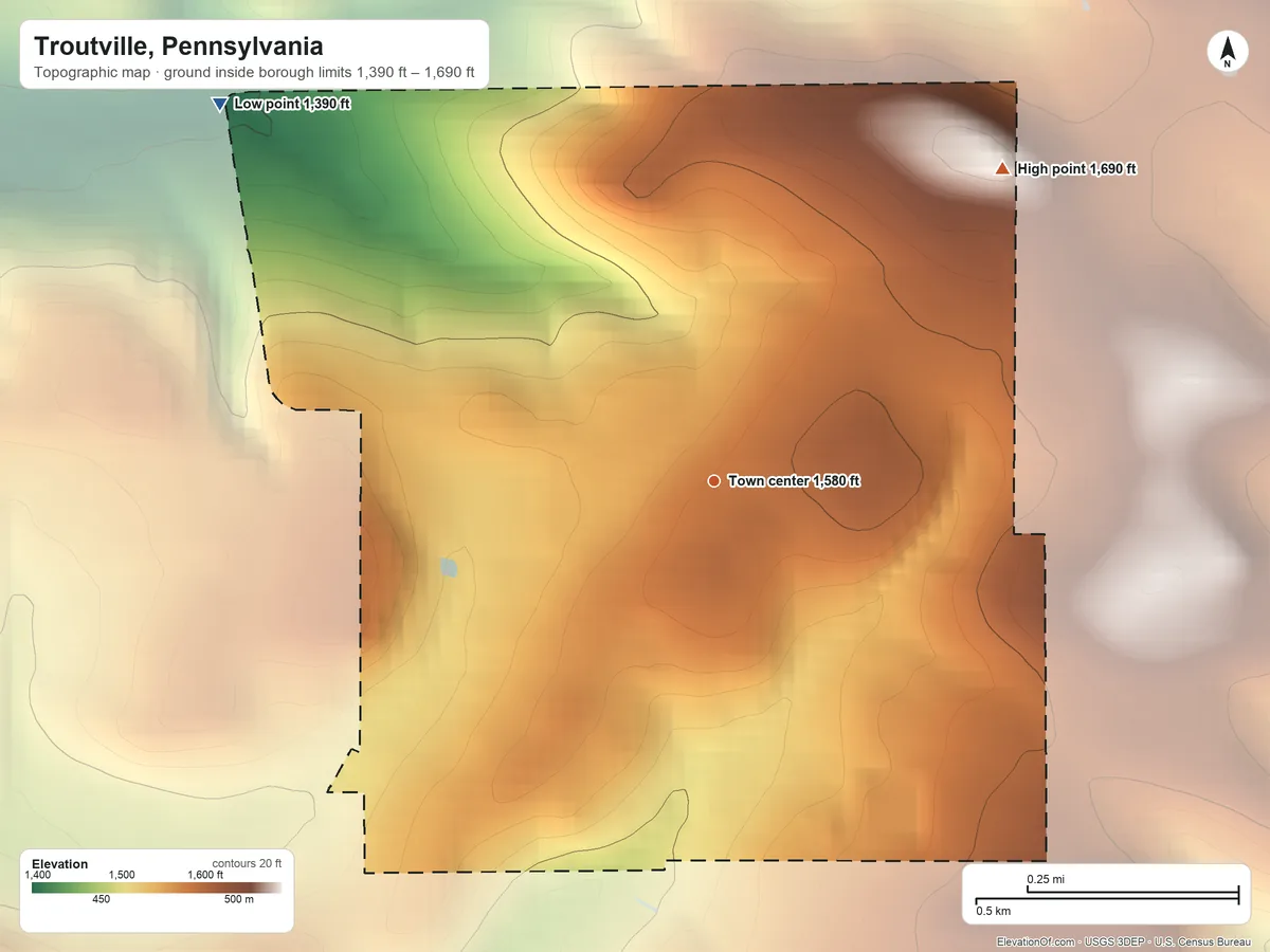 Topographic elevation map of Troutville, Pennsylvania, shaded from 1,390 ft on the northwest side to 1,690 ft on the northeast side