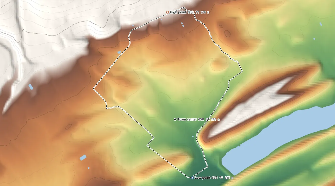 Topographic elevation map of Troxelville, Pennsylvania, shaded from 610 ft on the south side to 880 ft on the north edge, below higher ground just outside