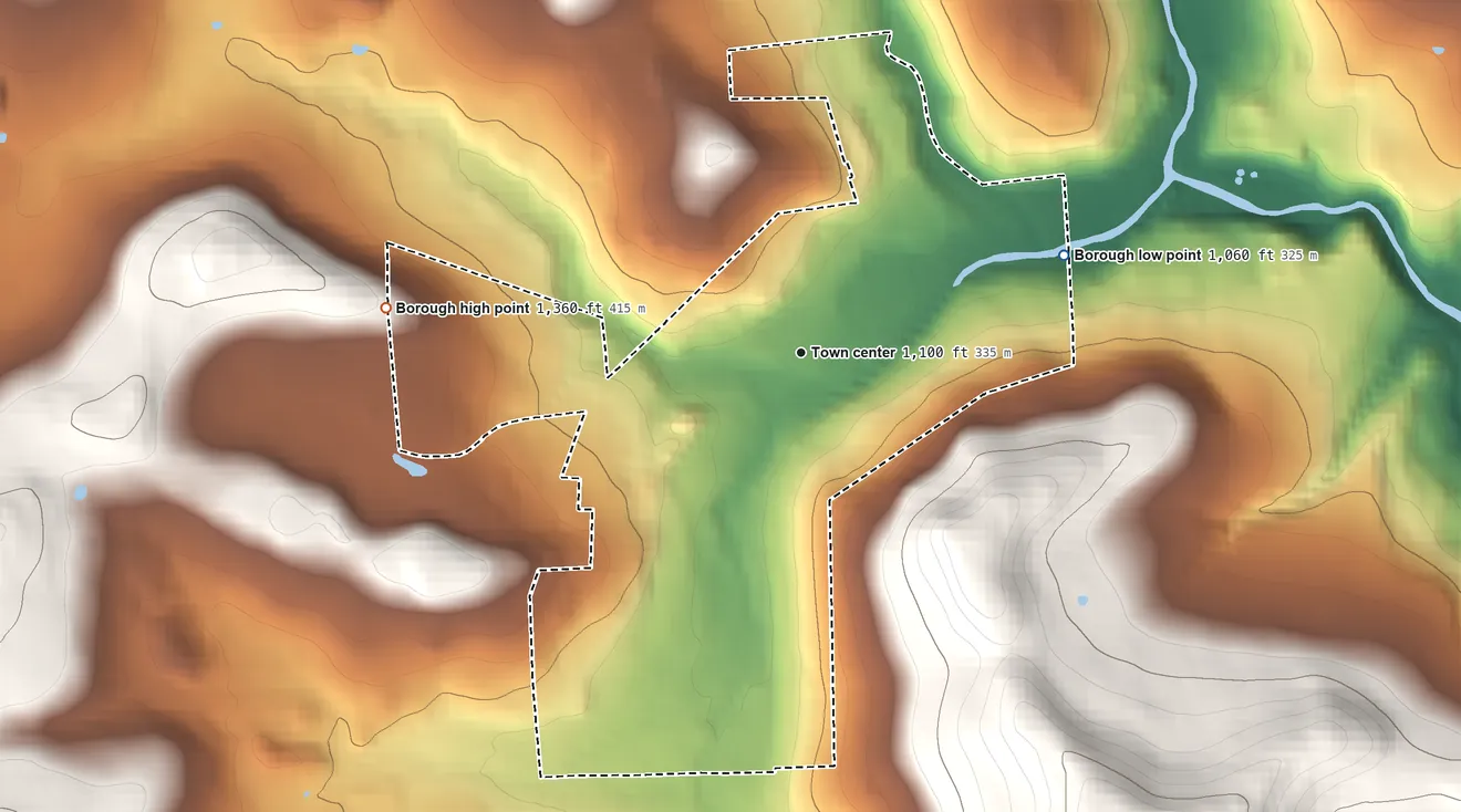 Topographic elevation map of Troy, Pennsylvania, shaded from 1,060 ft on the east side to 1,360 ft on the west edge, below higher ground just outside