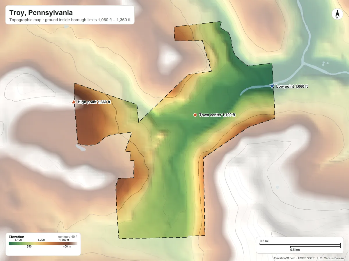 Topographic elevation map of Troy, Pennsylvania, shaded from 1,060 ft on the east side to 1,360 ft on the west edge, below higher ground just outside