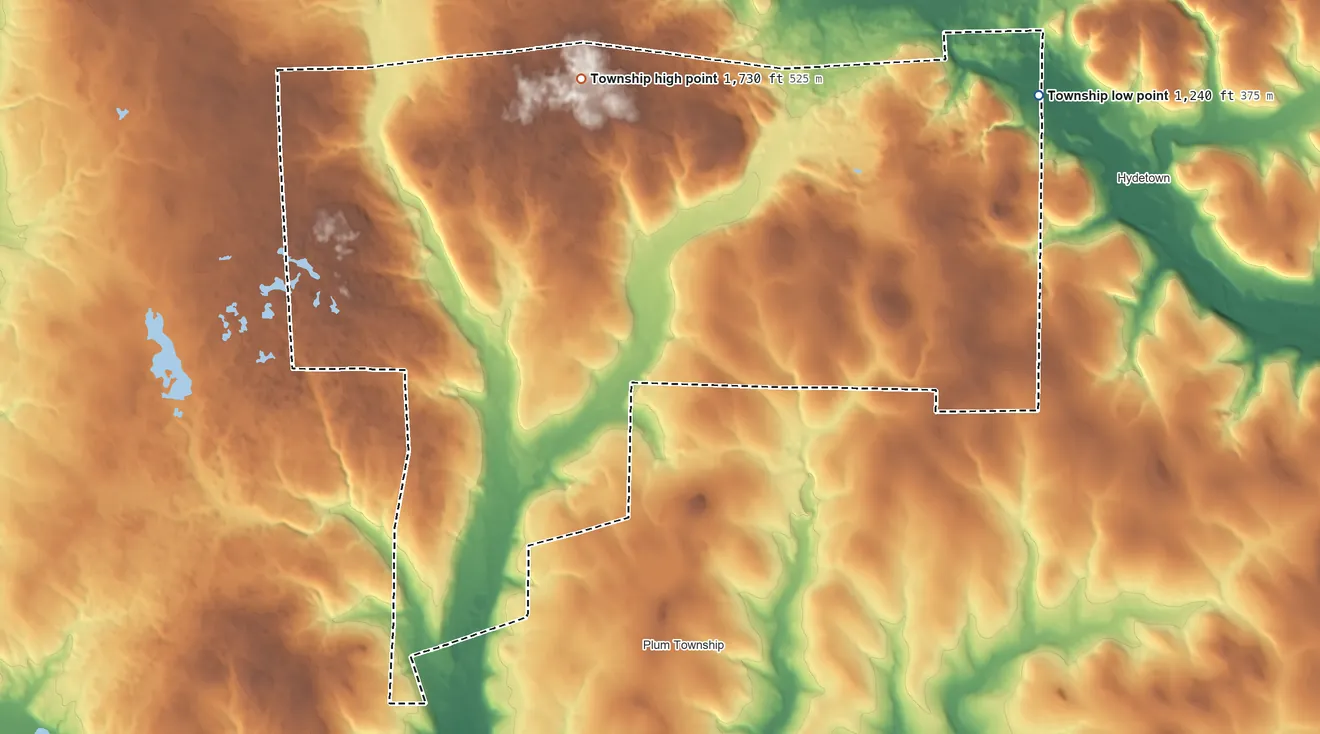 Topographic elevation map of Troy Township, Crawford County, Pennsylvania, shaded from 1,240 ft on the northeast side to 1,730 ft on the northwest side