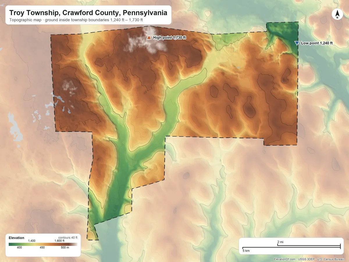 Topographic elevation map of Troy Township, Crawford County, Pennsylvania, shaded from 1,240 ft on the northeast side to 1,730 ft on the northwest side