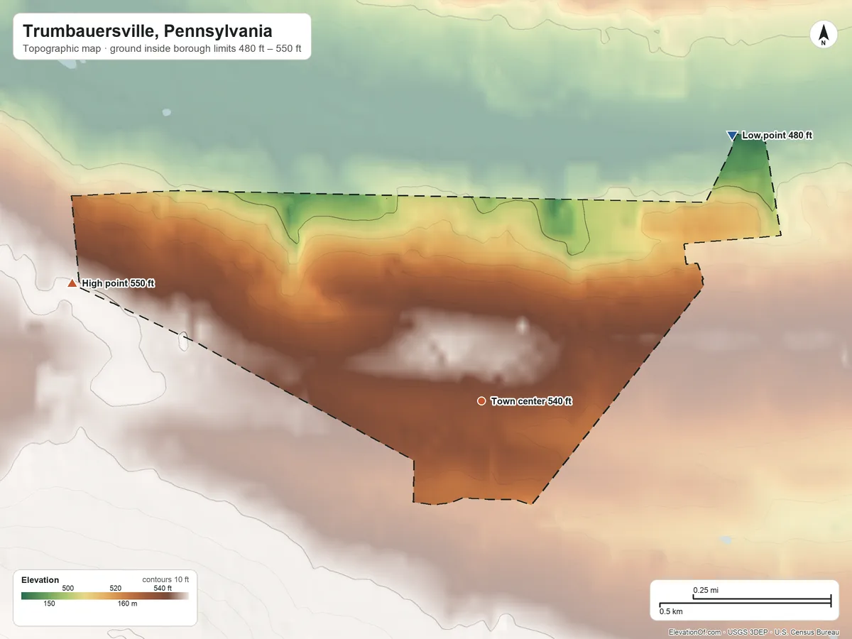 Topographic elevation map of Trumbauersville, Pennsylvania, shaded from 480 ft on the northeast side to 550 ft on the west side