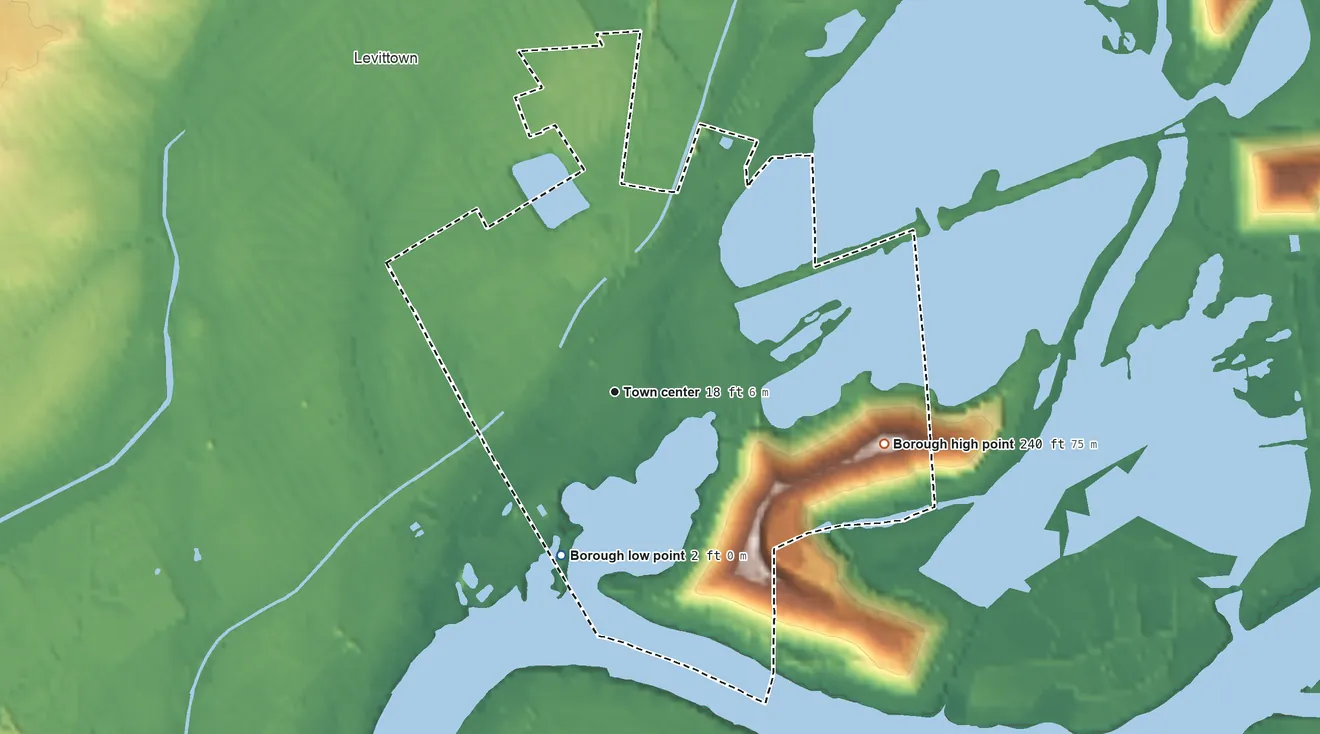 Topographic elevation map of Tullytown, Pennsylvania, shaded from 2 ft on the south side to 240 ft on the east side