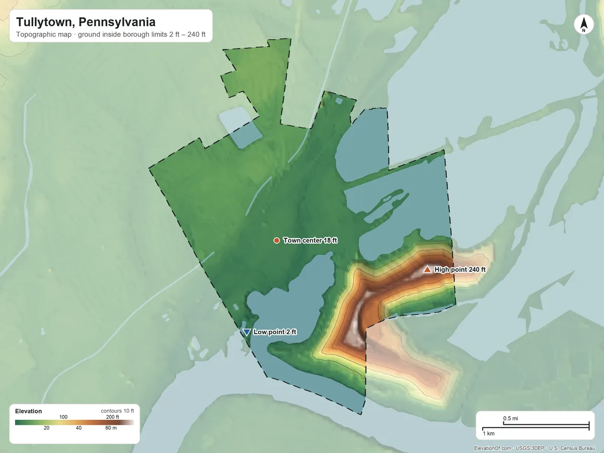 Topographic elevation map of Tullytown, Pennsylvania, shaded from 2 ft on the south side to 240 ft on the east side