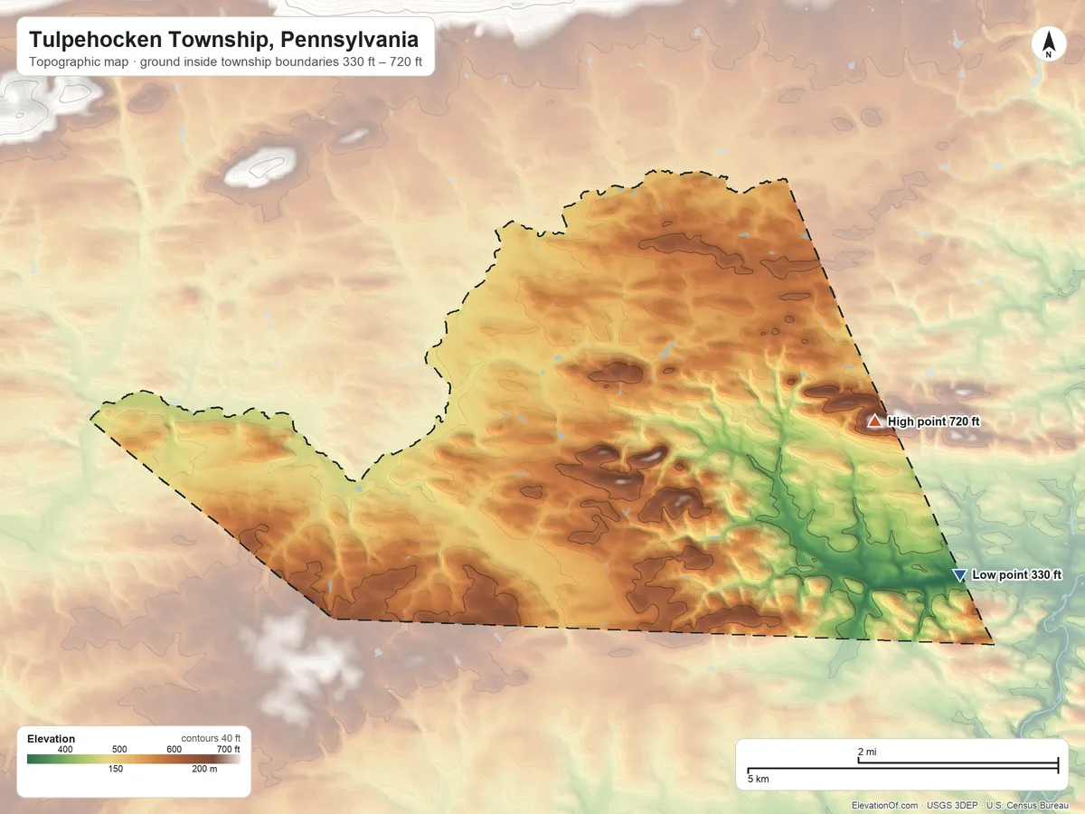 Topographic elevation map of Tulpehocken Township, Pennsylvania, shaded from 330 ft on the east side to 720 ft on the east side
