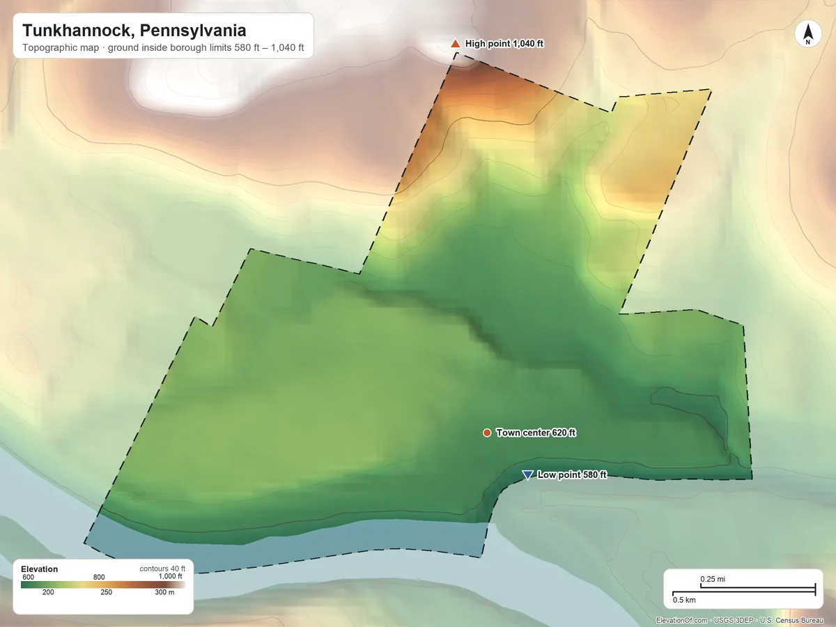 Topographic elevation map of Tunkhannock, Pennsylvania, shaded from 580 ft near the middle to 1,040 ft at the foot of the Endless Mountains