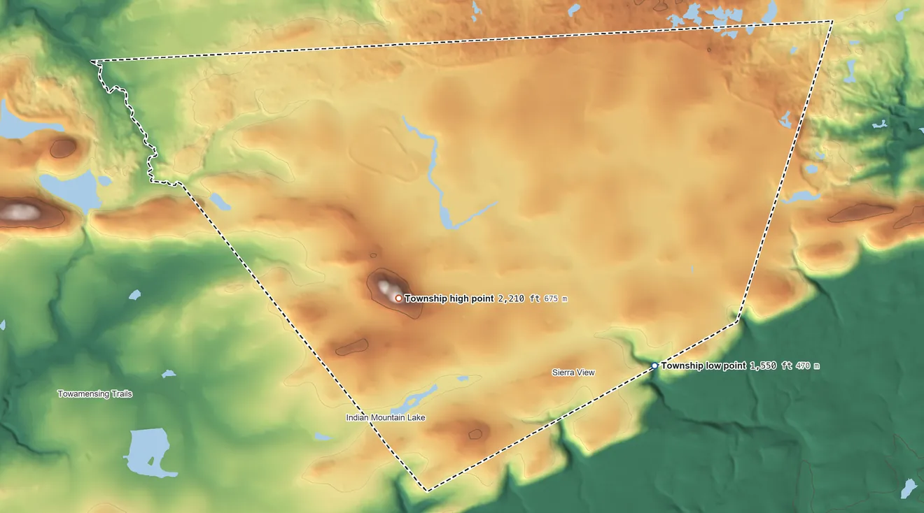 Topographic elevation map of Tunkhannock Township, Pennsylvania, shaded from 1,550 ft on the east side to 2,211 ft on Pimple Hill