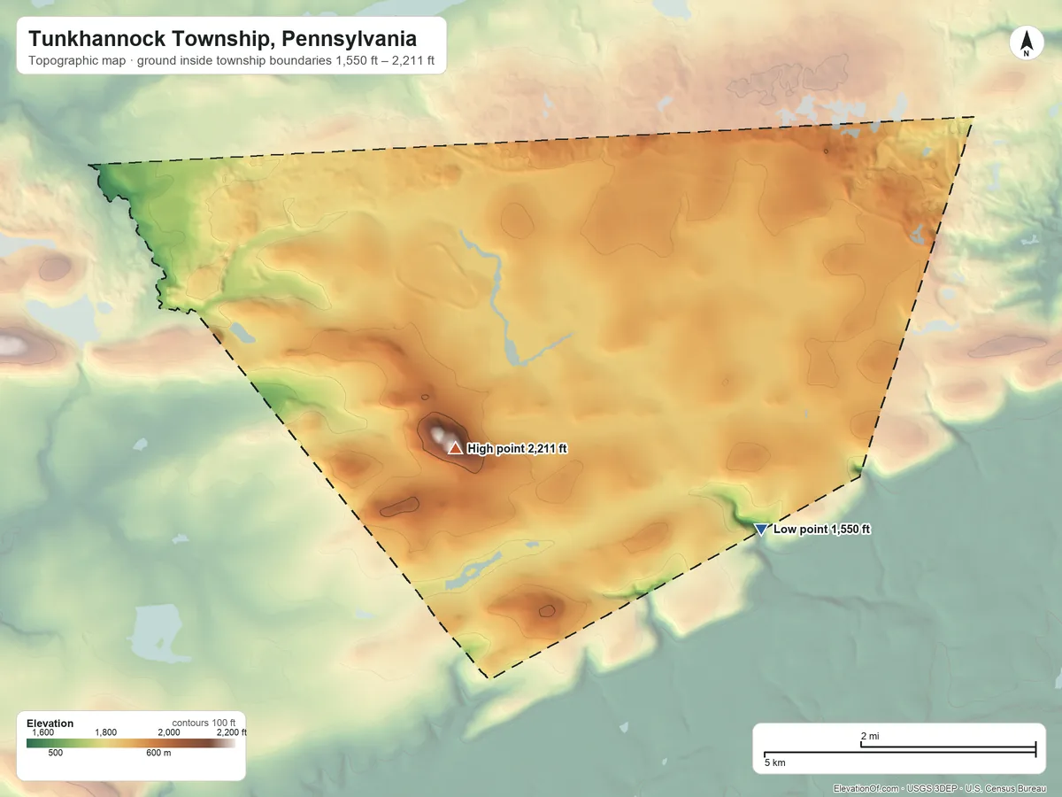 Topographic elevation map of Tunkhannock Township, Pennsylvania, shaded from 1,550 ft on the east side to 2,211 ft on Pimple Hill