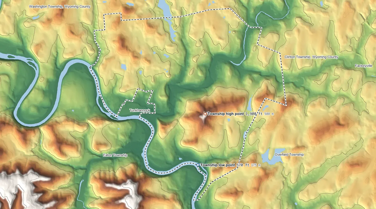Topographic elevation map of Tunkhannock Township, Wyoming County, Pennsylvania, shaded from 570 ft on the south side to 1,900 ft on Osterhout Mountain