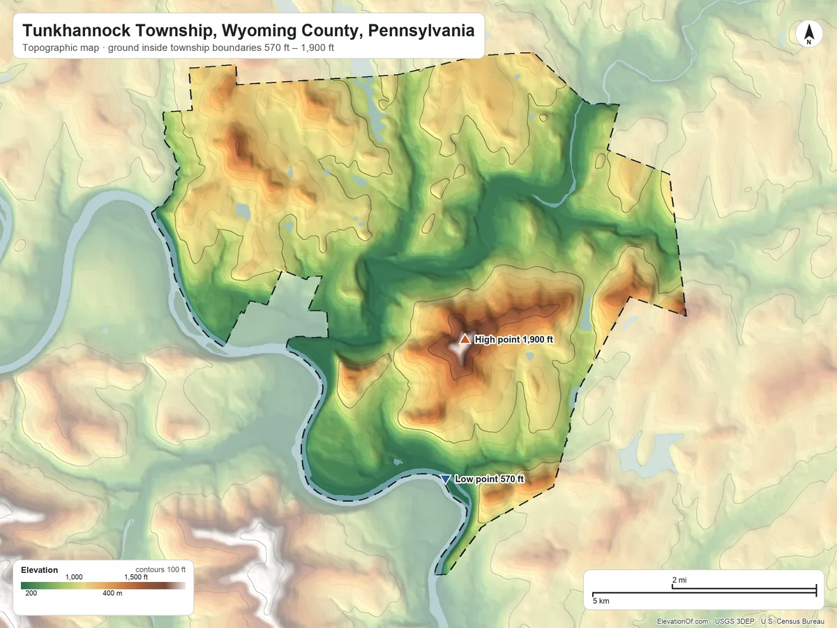 Topographic elevation map of Tunkhannock Township, Wyoming County, Pennsylvania, shaded from 570 ft on the south side to 1,900 ft on Osterhout Mountain