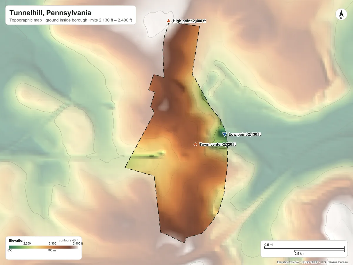 Topographic elevation map of Tunnelhill, Pennsylvania, shaded from 2,130 ft on the east side to 2,400 ft on the north side