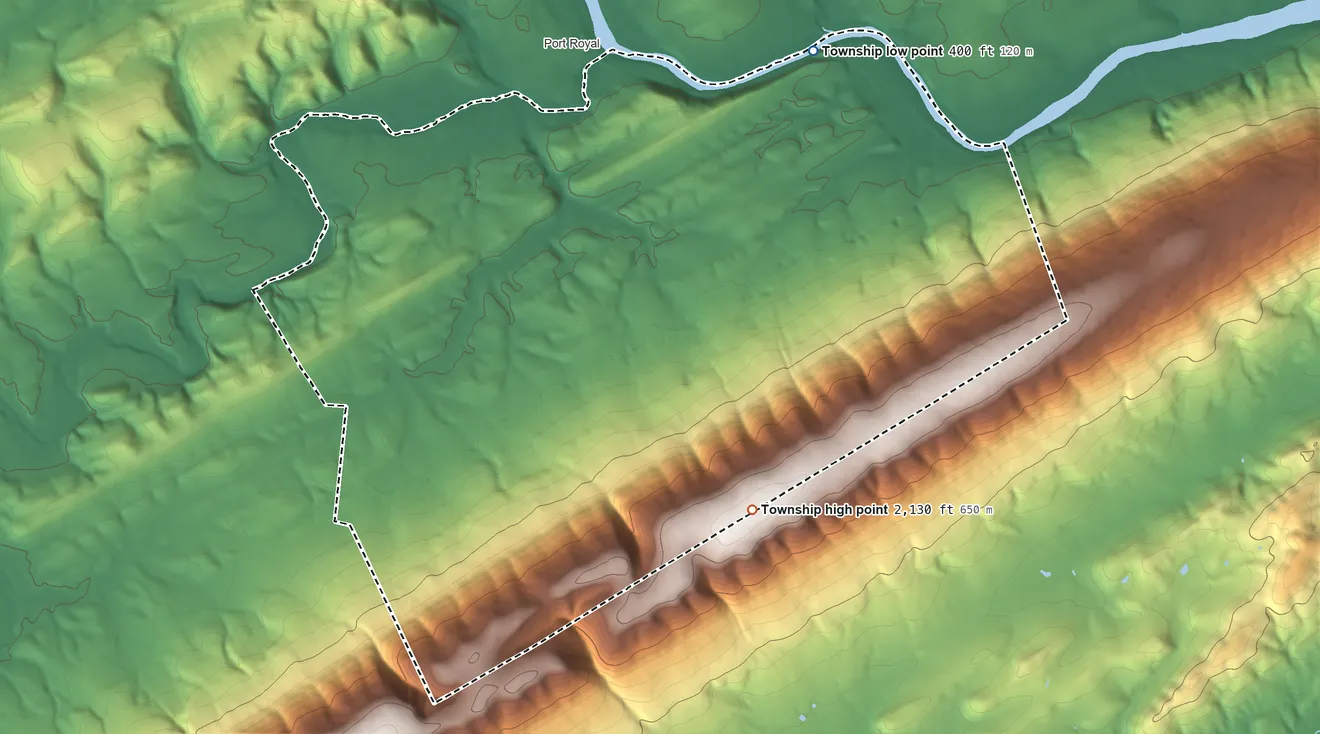 Topographic elevation map of Turbett Township, Pennsylvania, shaded from 400 ft on the northeast side to 2,130 ft on the southeast side