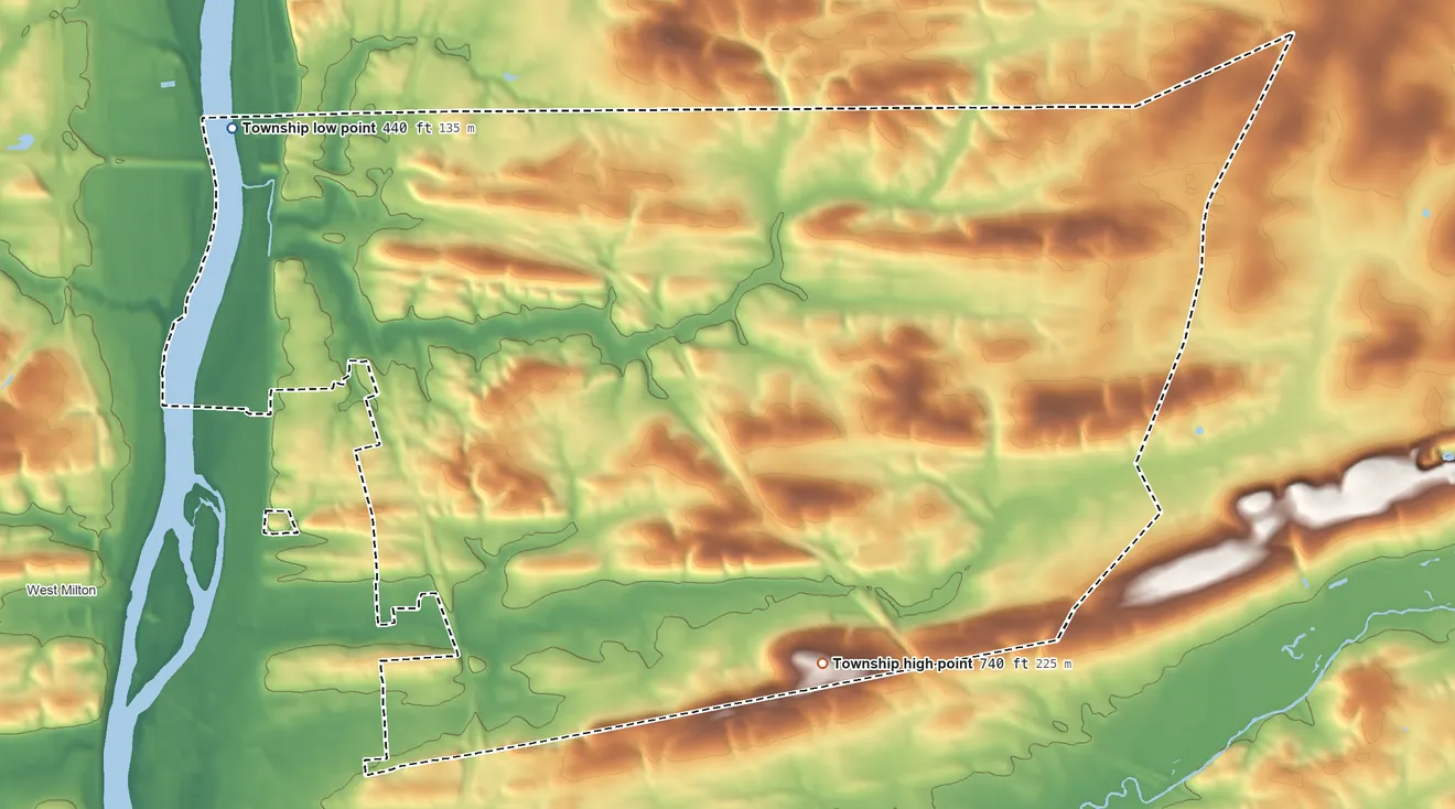 Topographic elevation map of Turbot Township, Pennsylvania, shaded from 440 ft on the northwest side to 740 ft on the southeast side