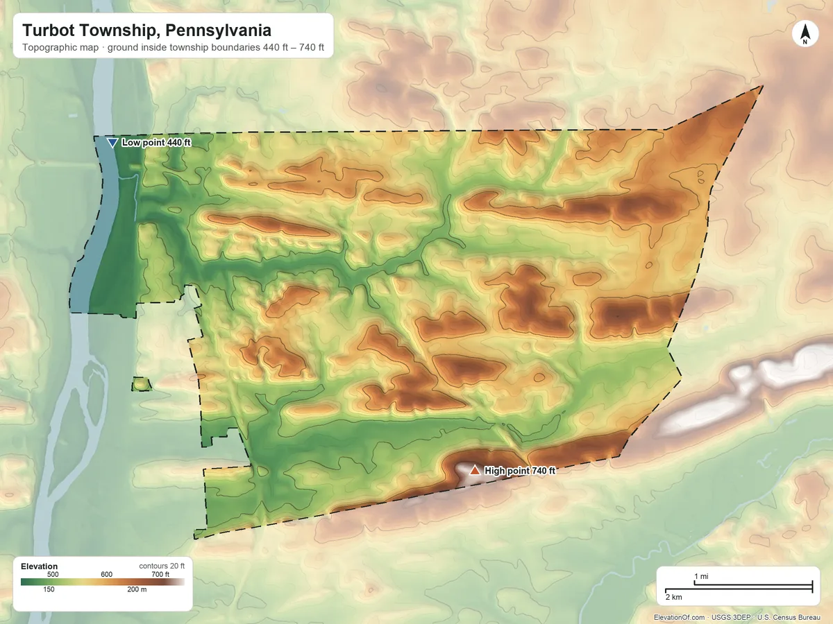 Topographic elevation map of Turbot Township, Pennsylvania, shaded from 440 ft on the northwest side to 740 ft on the southeast side