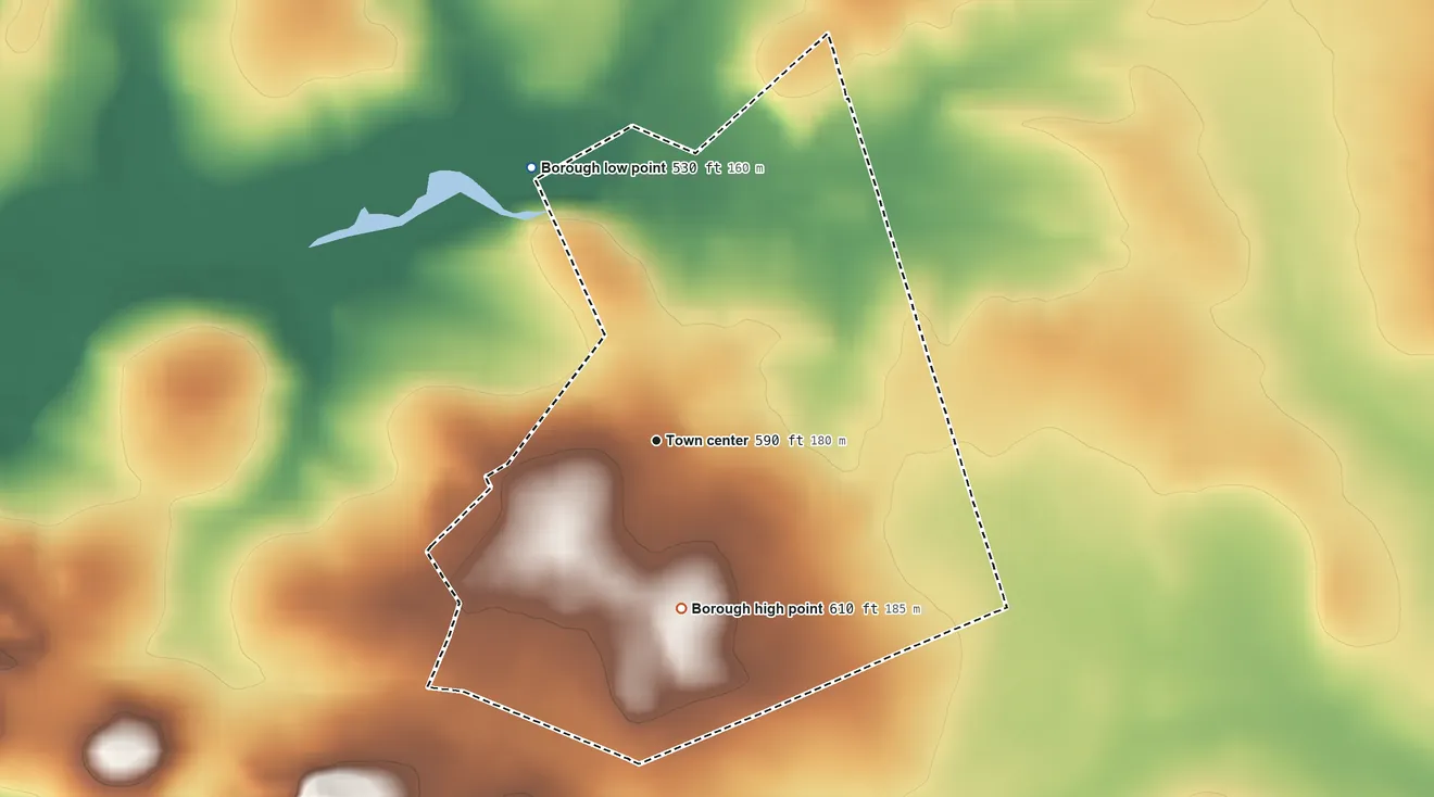 Topographic elevation map of Turbotville, Pennsylvania, shaded from 530 ft on the northwest side to 610 ft on the south side